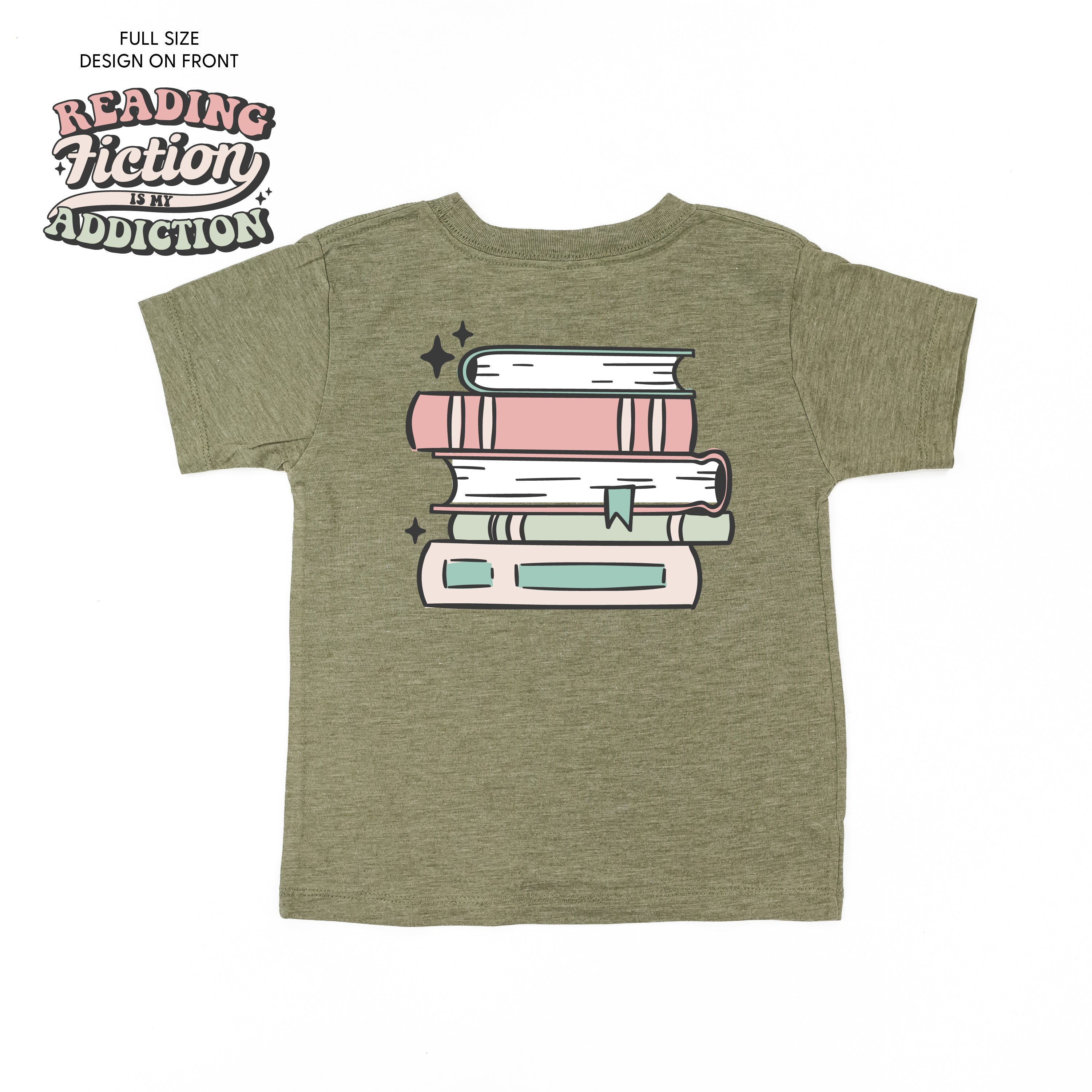 Reading Fiction is My Addiction on Front w/ Books on Back - Child Tee Little Mama Shirt Shop