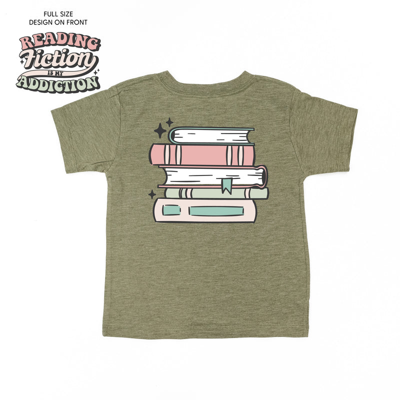 Reading Fiction is My Addiction on Front w/ Books on Back - Short Sleeve Child Shirt