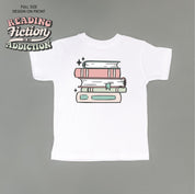 Reading Fiction is My Addiction on Front w/ Books on Back - Child Tee Little Mama Shirt Shop