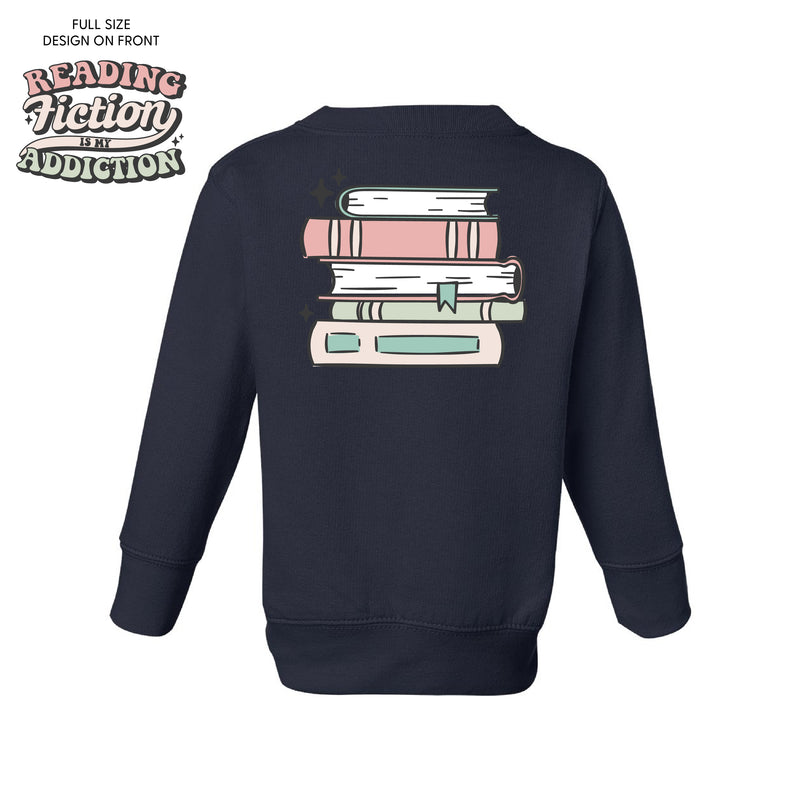 Reading Fiction is My Addiction on Front w/ Books on Back - Child Sweater