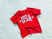 Red USA shirt for kids with gingham lettering, simple patriotic outfit for summer celebrations