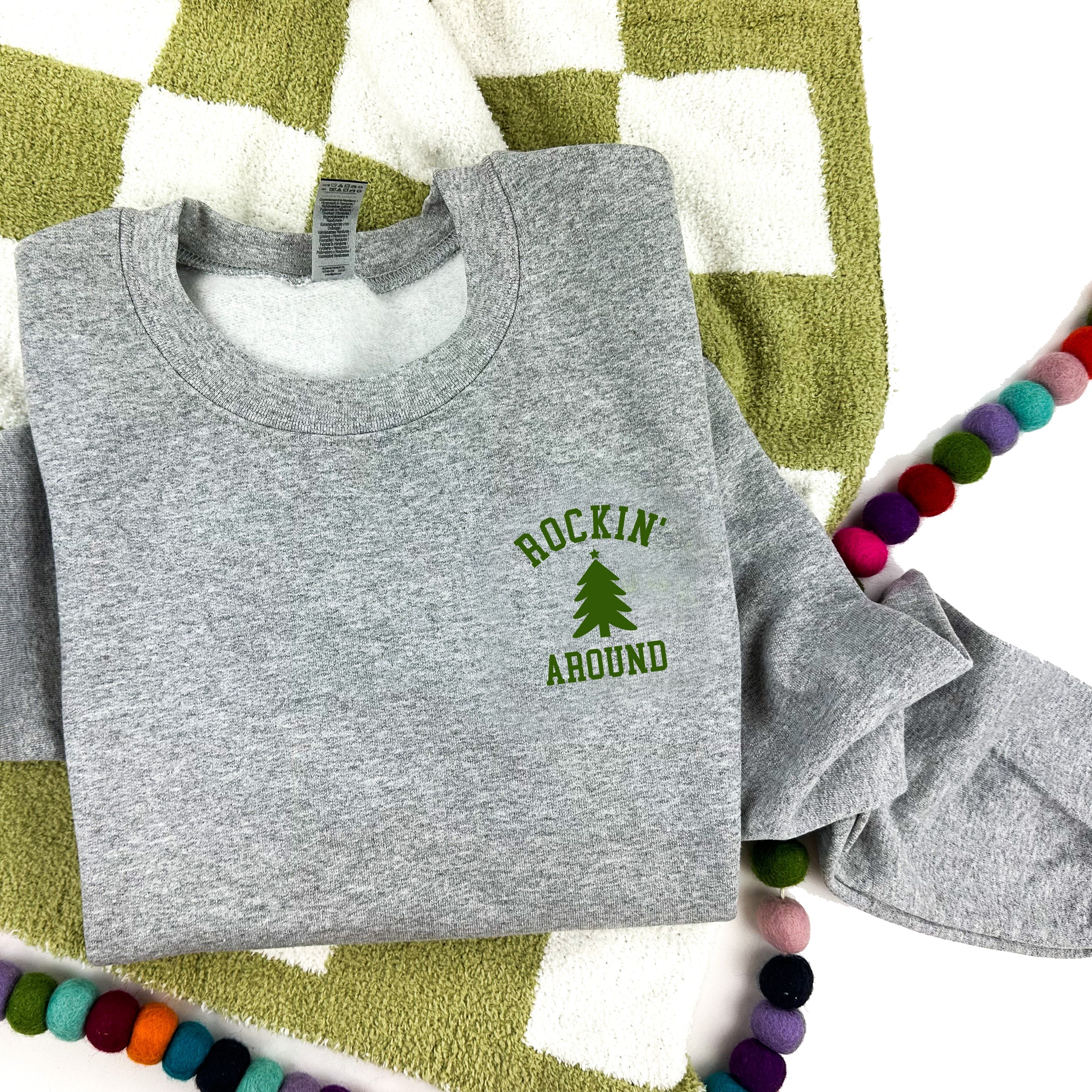 Embroidered BASIC Fleece - Gray - Rockin' Around (Dark Green Thread) Little Mama Shirt Shop LLC