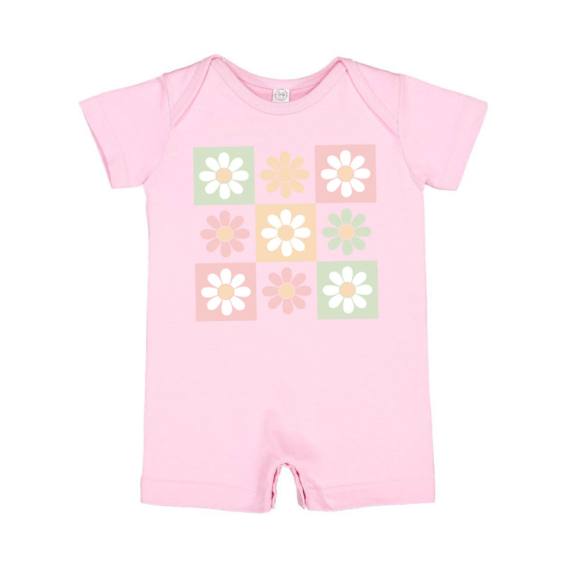3x3 Checker Board Flowers - Short Sleeve / Shorts - One Piece Baby Romper