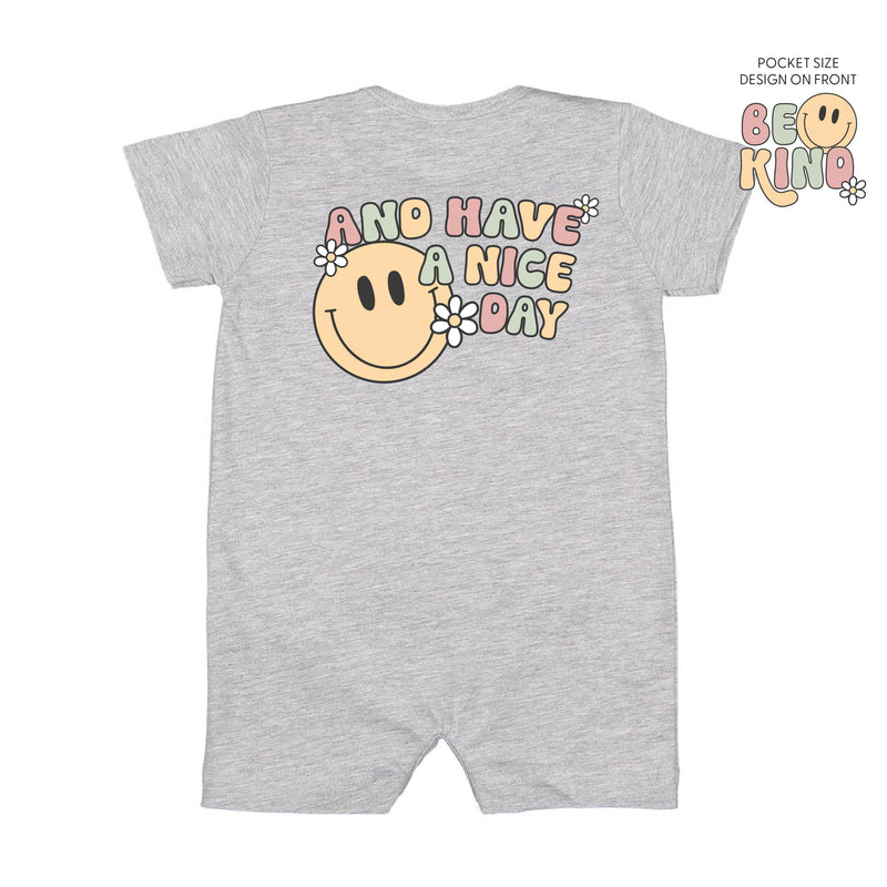 Be Kind Pocket on Front w/ And Have a Nice Day on Back - Short Sleeve / Shorts - One Piece Baby Romper