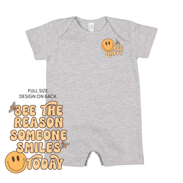 Bee Happy (Pocket) on Front w/ Bee the Reason Someone Smiles Today on Back - Short Sleeve / Shorts - One Piece Baby Romper