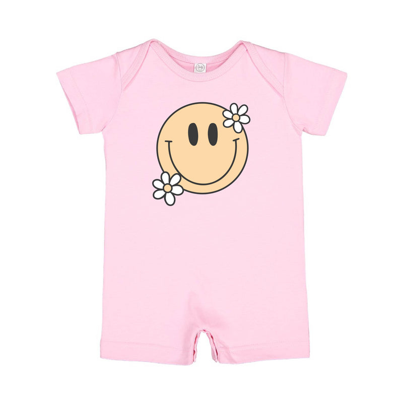 Big Smiley w/ Flowers - Short Sleeve / Shorts - One Piece Baby Romper