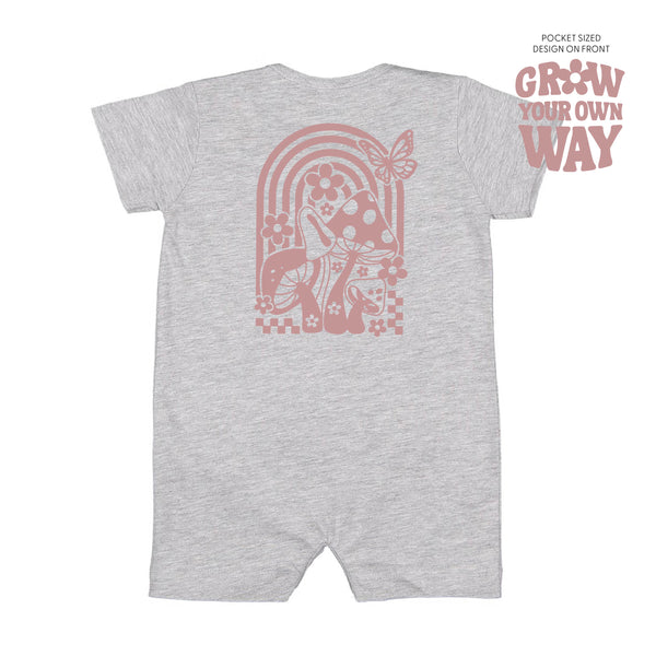 Grow Your Own Way (Pocket Front) w/ Mushrooms on Back - Short Sleeve / Shorts - One Piece Baby Romper