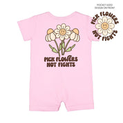 Pick Flowers Not Fights w/pocket on front- Short Sleeve / Shorts - One Piece Baby Romper Little Mama Shirt Shop