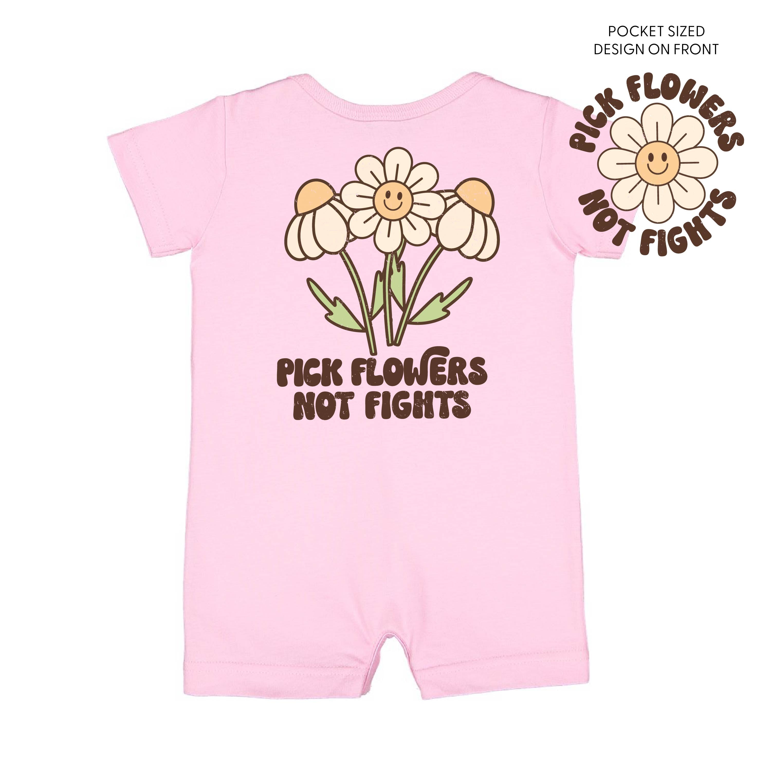 Pick Flowers Not Fights w/pocket on front- Short Sleeve / Shorts - One Piece Baby Romper Little Mama Shirt Shop