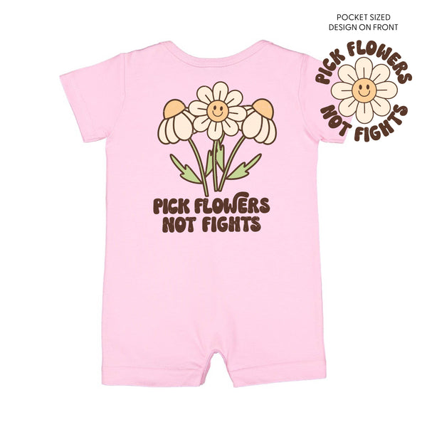 Pick Flowers Not Fights w/pocket on front- Short Sleeve / Shorts - One Piece Baby Romper