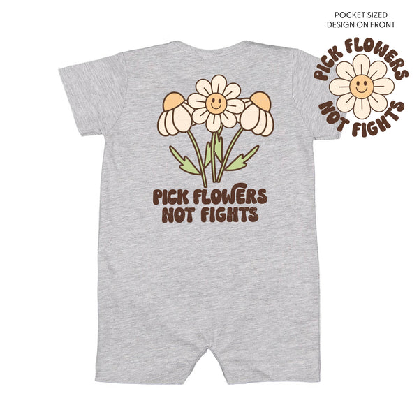 Pick Flowers Not Fights w/pocket on front- Short Sleeve / Shorts - One Piece Baby Romper