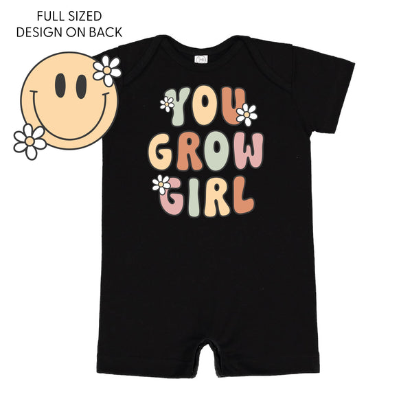You Grow Girl on Front w/ Smiley and Flowers on Back - Short Sleeve / Shorts - One Piece Baby Romper