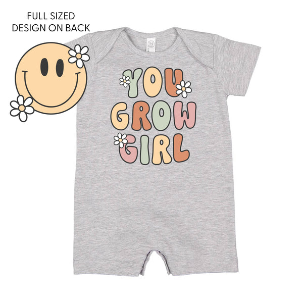 You Grow Girl on Front w/ Smiley and Flowers on Back - Short Sleeve / Shorts - One Piece Baby Romper