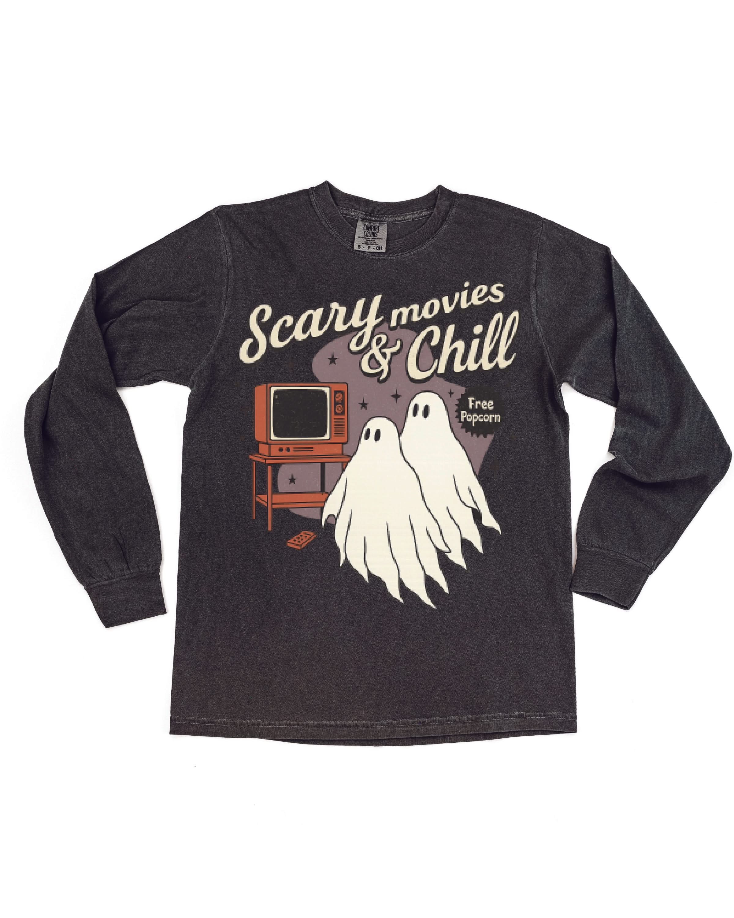 Scary Movies and Chill - Long Sleeve Comfort Colors Tee Little Mama Shirt Shop