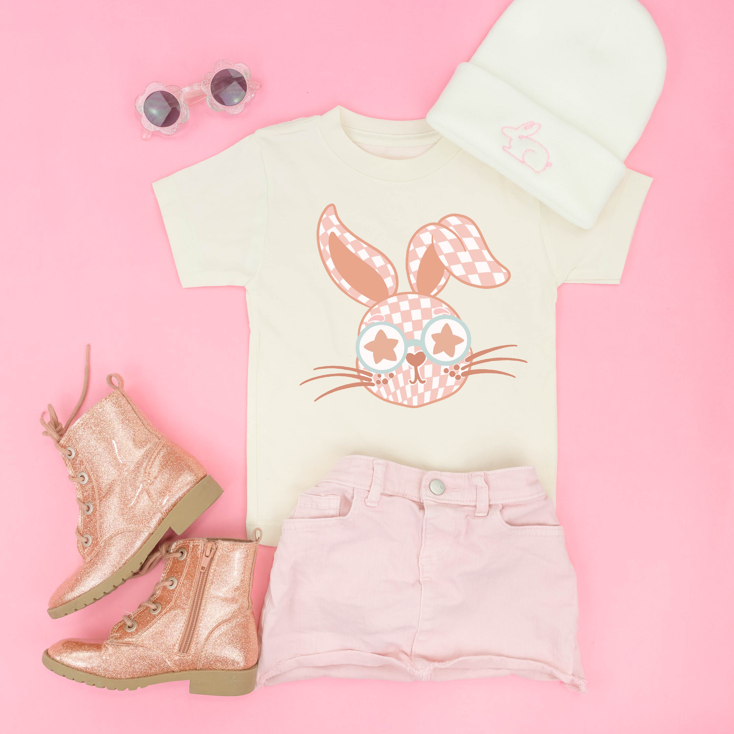 short_sleeve_child_tees_pink_checkered_bunny_little_mama_shirt_shop