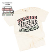 Reading Fiction is My Addiction on Front w/ Books on Back - SHORT SLEEVE COMFORT COLORS TEE Little Mama Shirt Shop