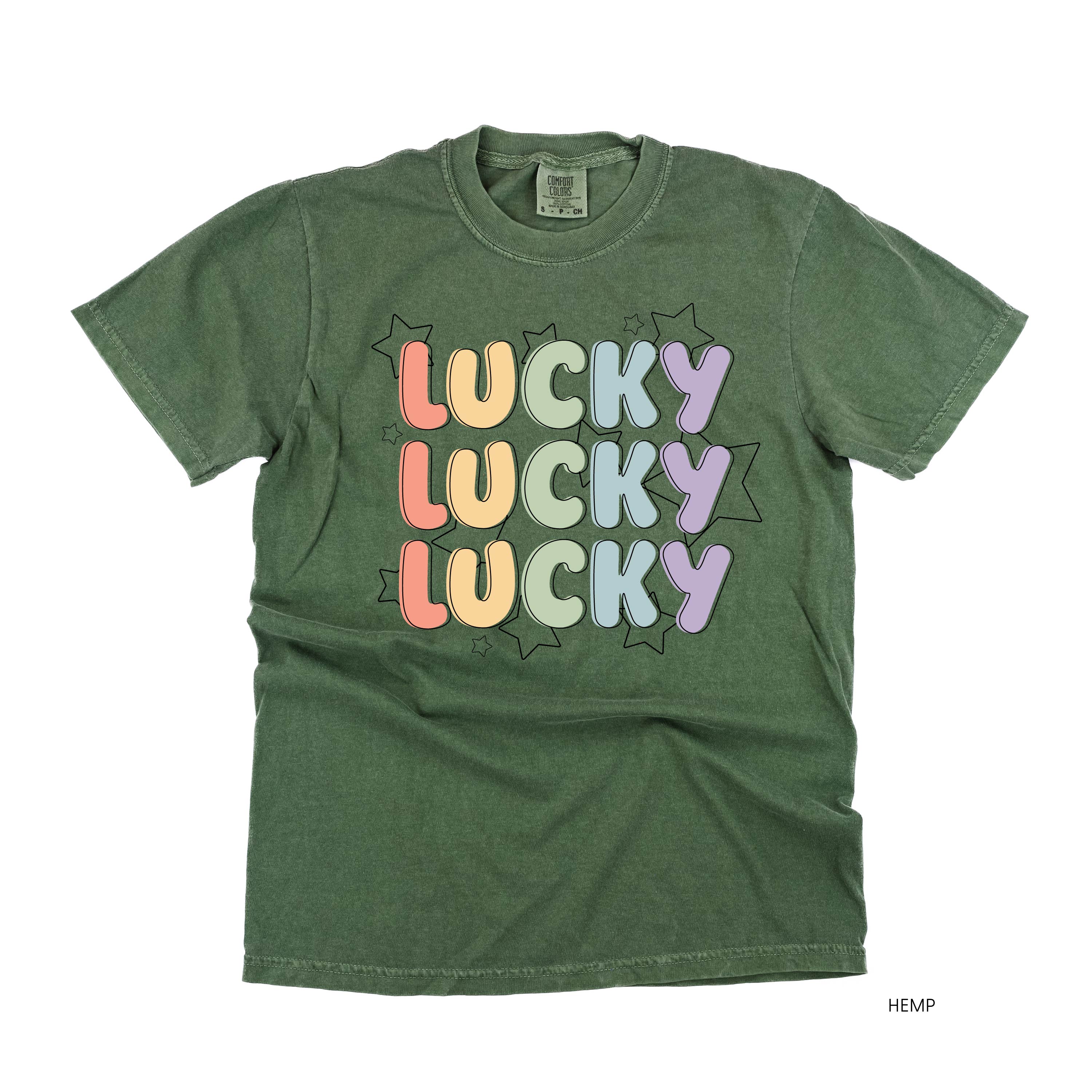 Bubble Letters & Stars Lucky x3 - Comfort Colors Tee Little Mama Shirt Shop