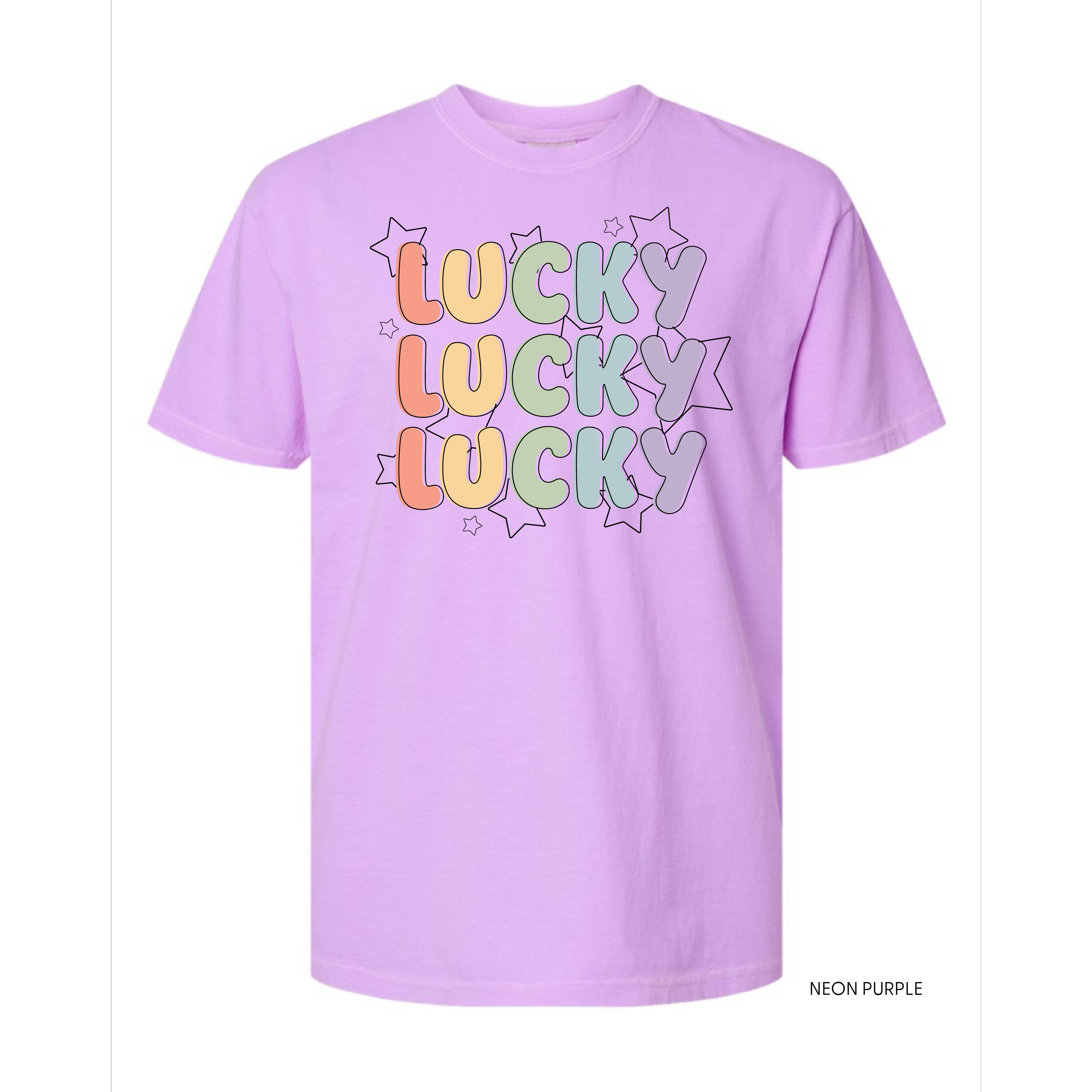 Bubble Letters & Stars Lucky x3 - Comfort Colors Tee Little Mama Shirt Shop