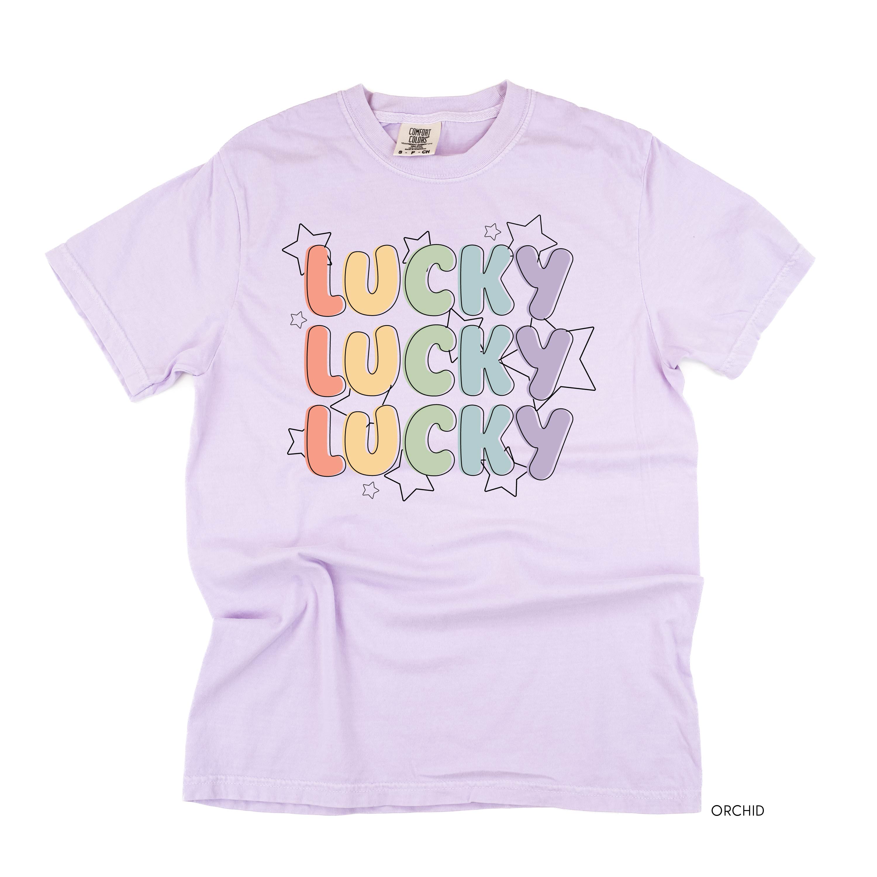 Bubble Letters & Stars Lucky x3 - Comfort Colors Tee Little Mama Shirt Shop