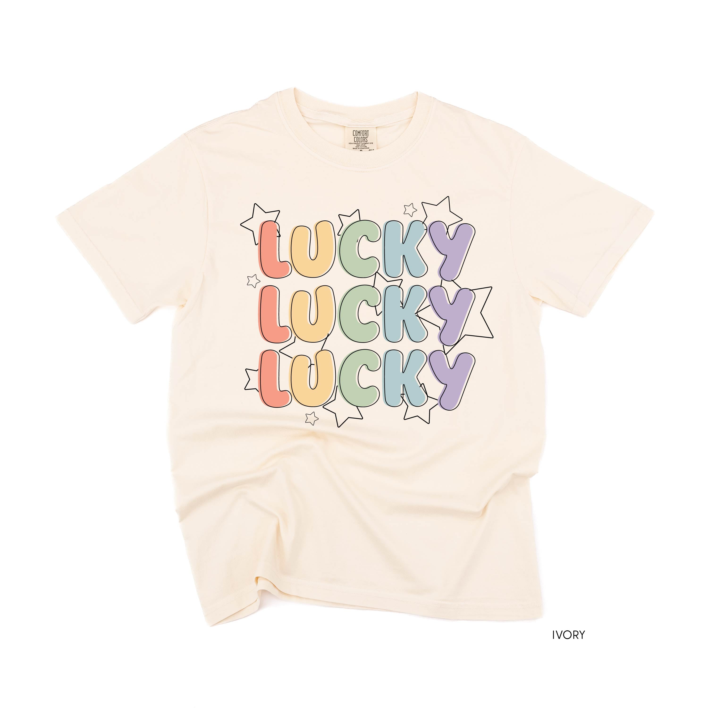 Bubble Letters & Stars Lucky x3 - Comfort Colors Tee Little Mama Shirt Shop