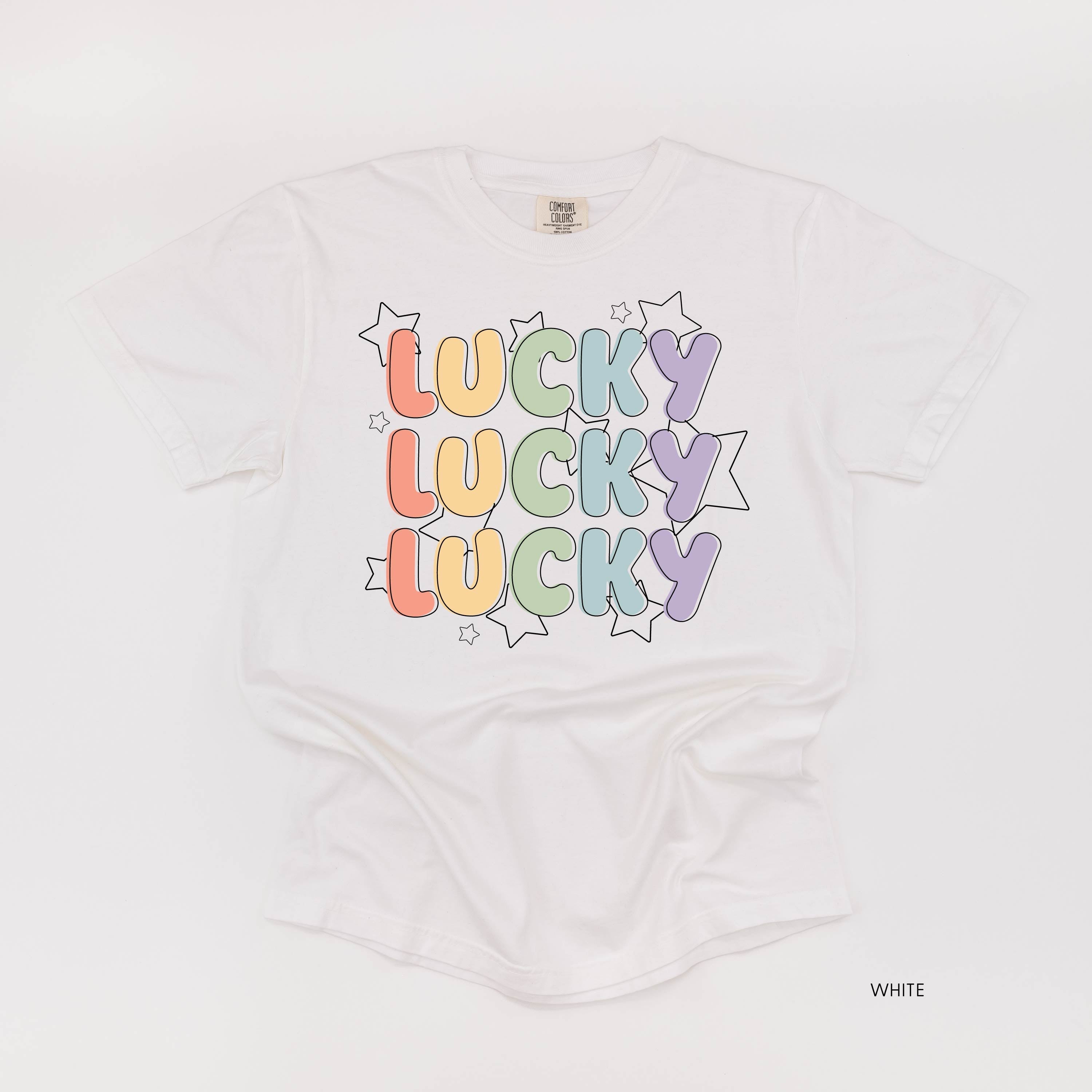 Bubble Letters & Stars Lucky x3 - Comfort Colors Tee Little Mama Shirt Shop
