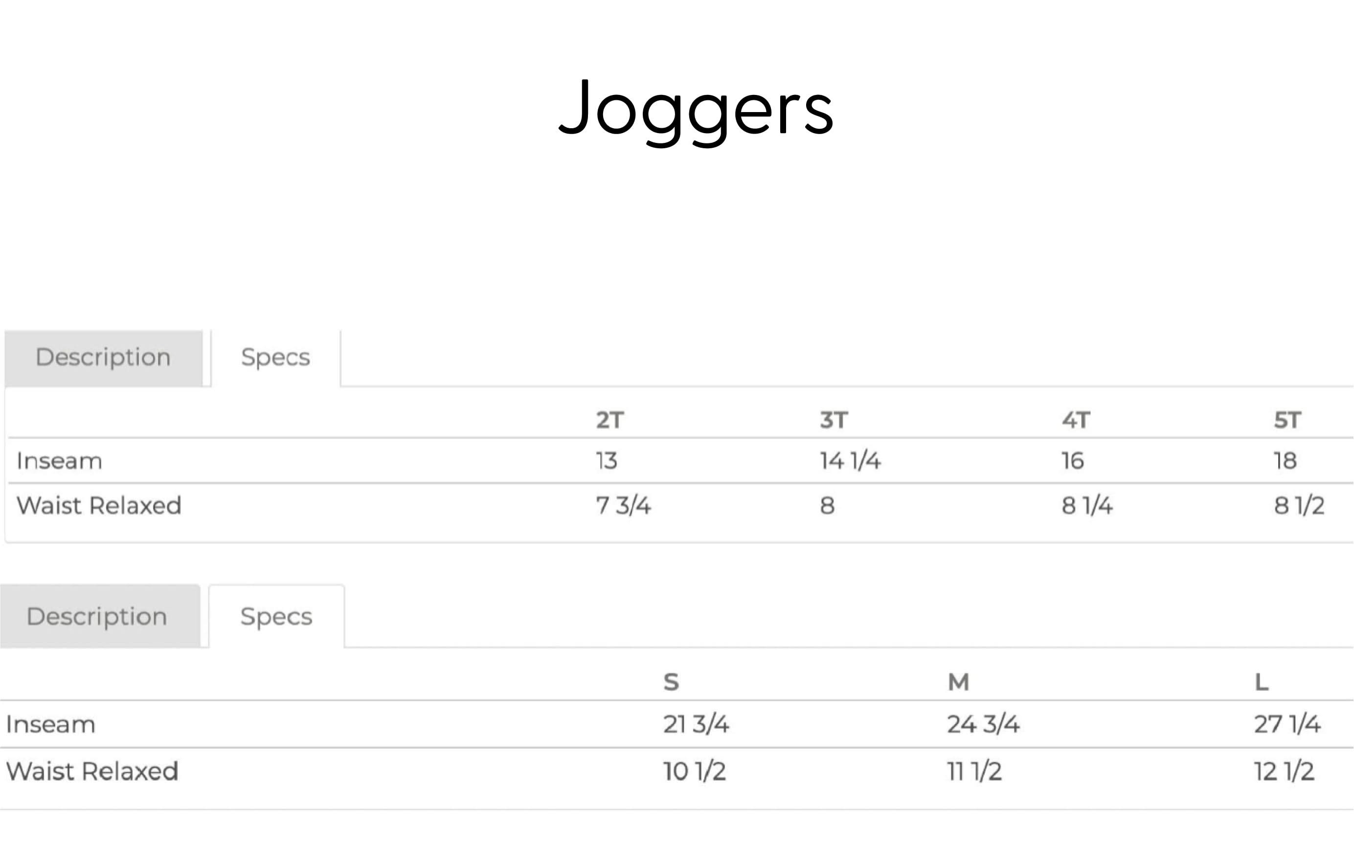 Child joggers size chart with sizes 2T to 5T and S to L with measurements in inches - Little Mama Shirt Shop