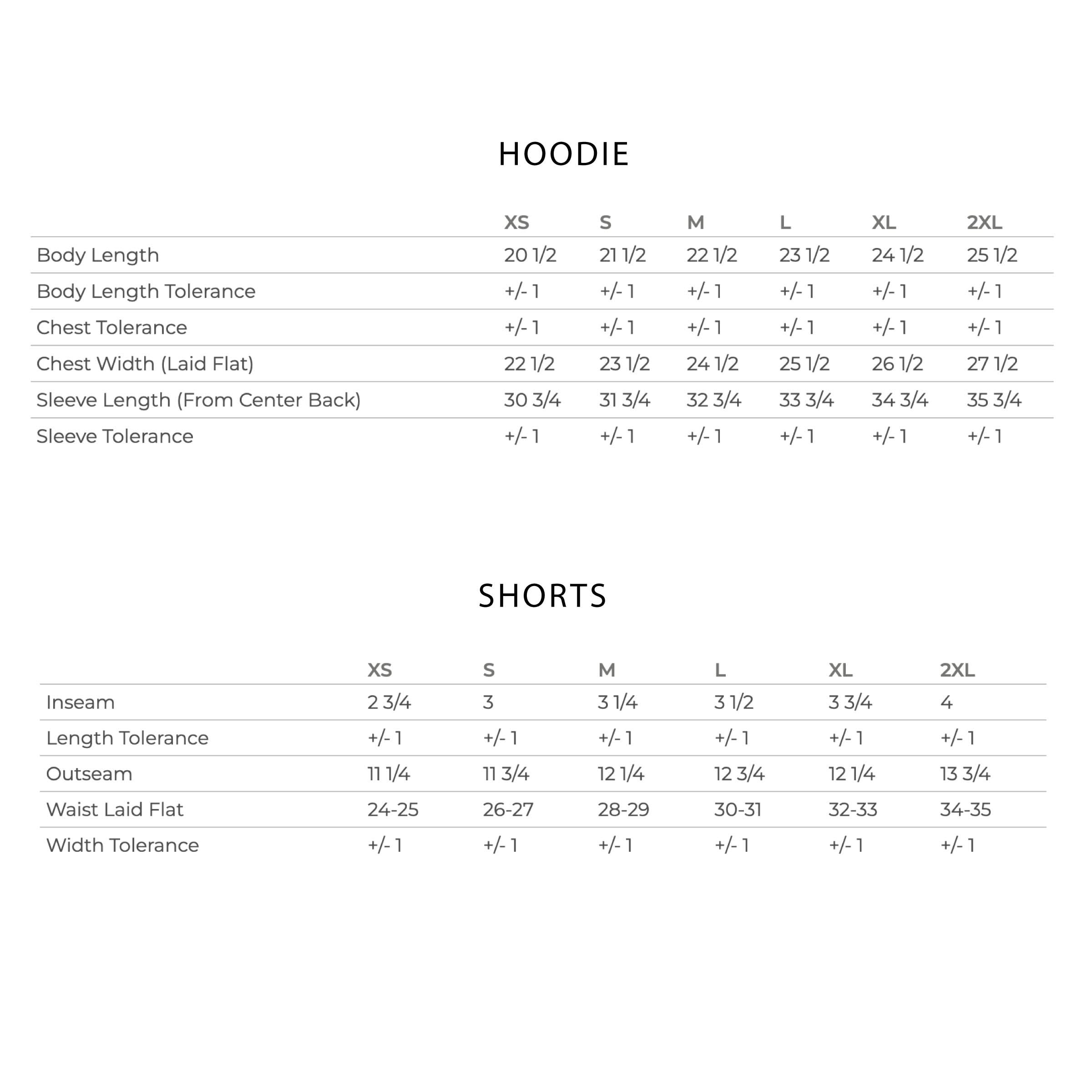 Size chart for women's hoodie and shorts with measurements in inches (XS–2XL)