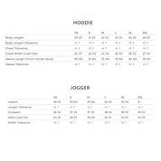 Size chart for women's hoodie and joggers with measurements in
inches (XS–2XL)