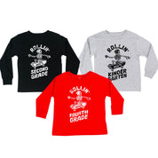 Skateboarding Skelly - Rollin' Into (Choose Your Grade) - Child LONG SLEEVE Tee Little Mama Shirt Shop