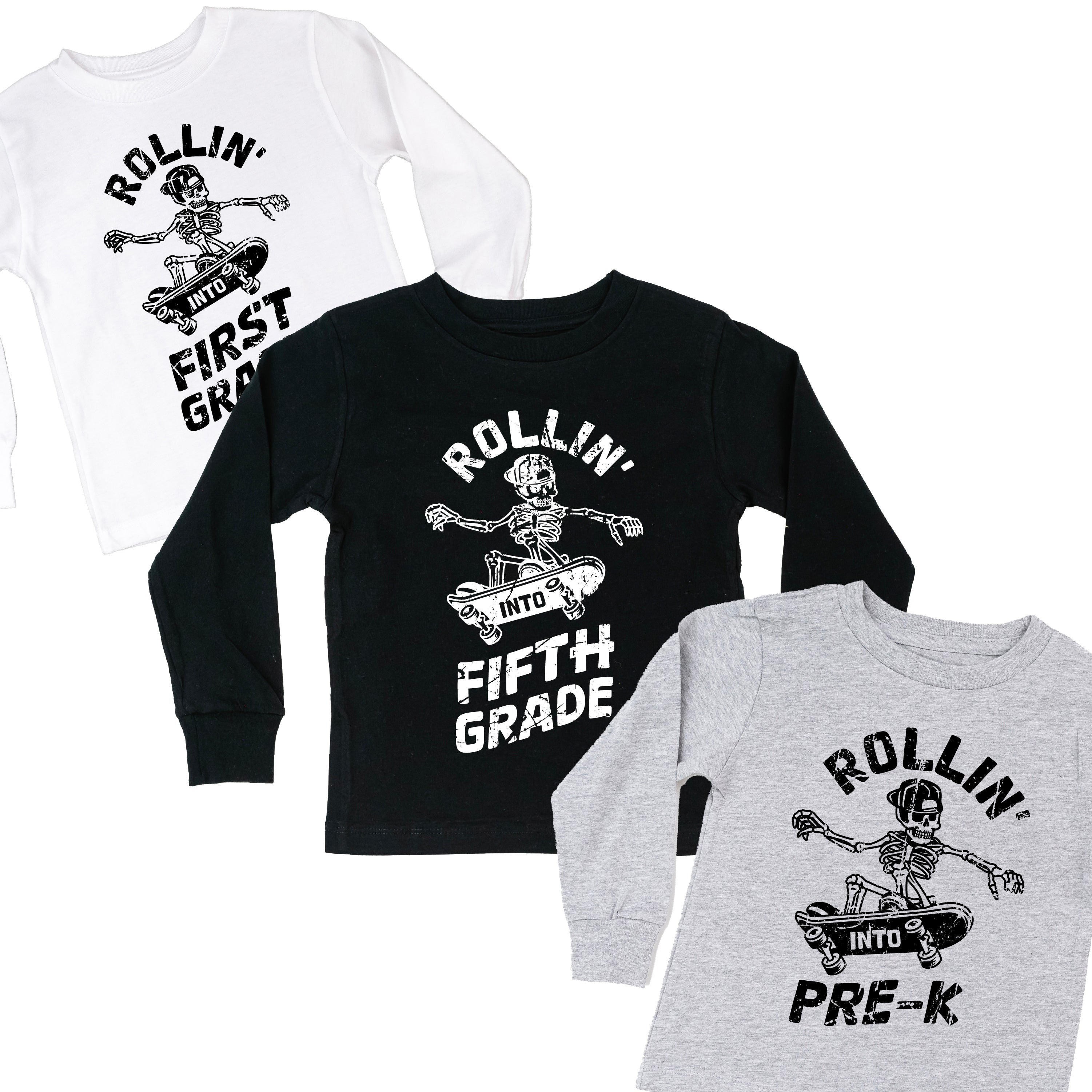 Skateboarding Skelly - Rollin' Into (Choose Your Grade) - Child LONG SLEEVE Tee Little Mama Shirt Shop