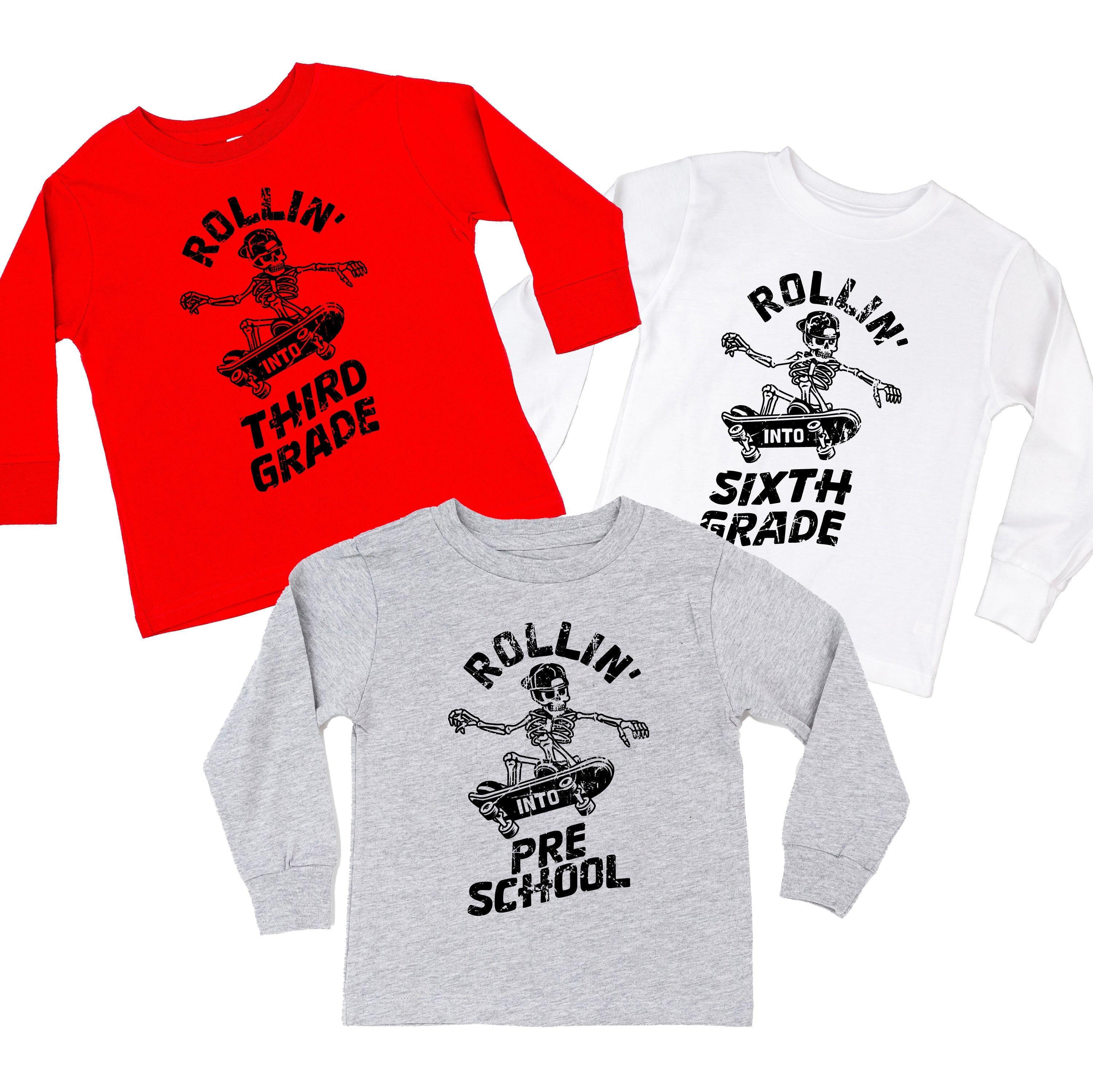 Skateboarding Skelly - Rollin' Into (Choose Your Grade) - Child LONG SLEEVE Tee Little Mama Shirt Shop