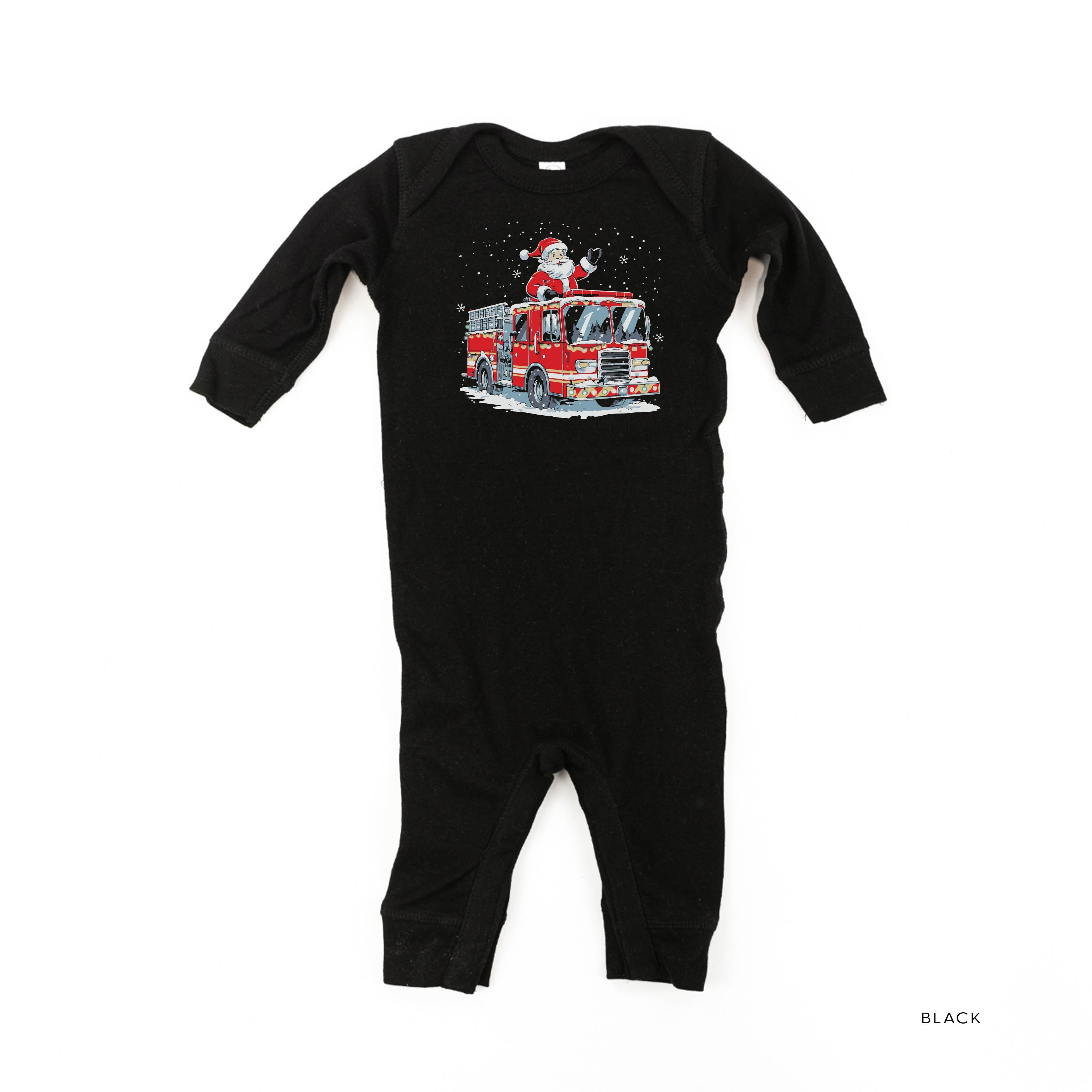 Firetruck Santa - Black Baby Sleeper Little Mama Shirt Shop