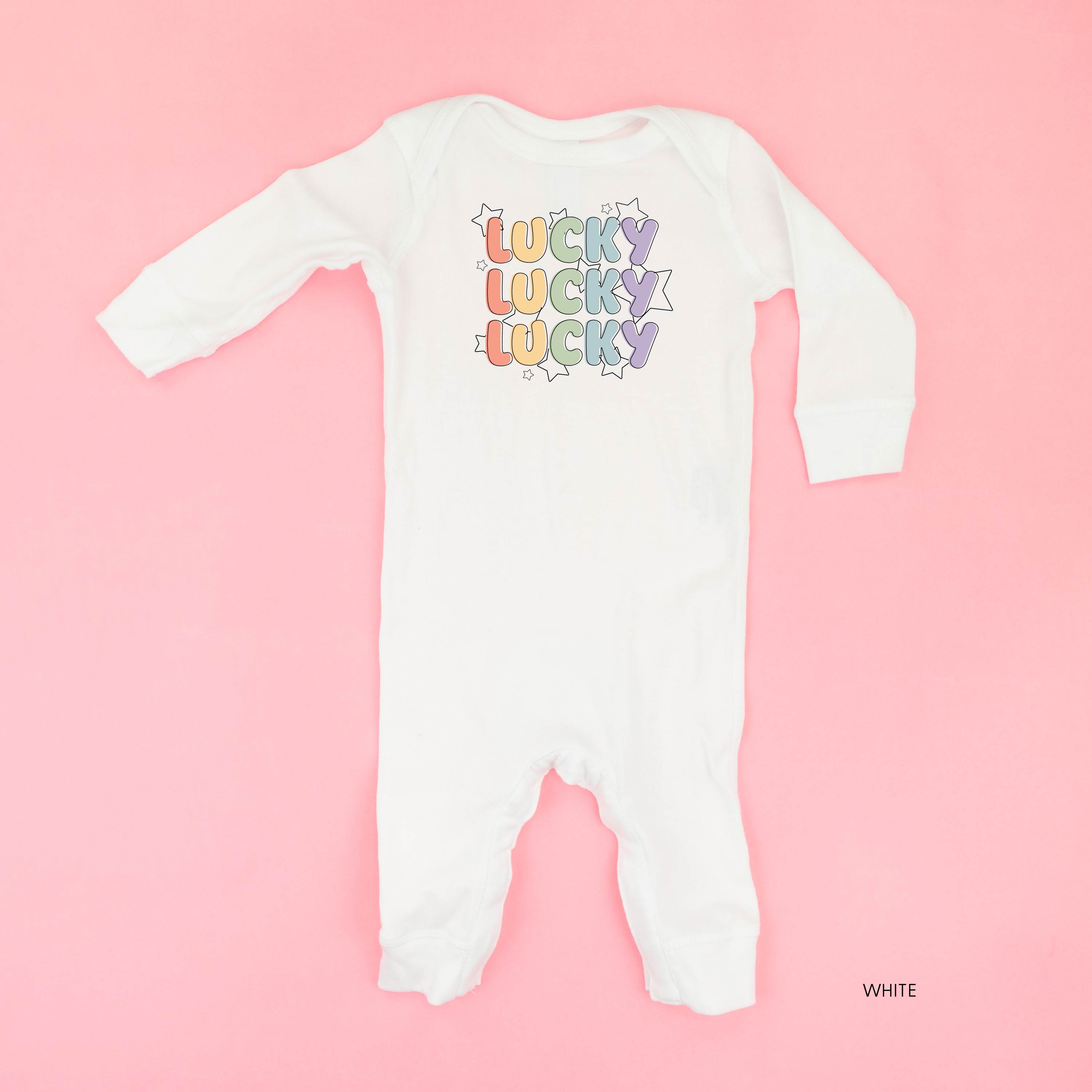 Bubble Letters & Stars Lucky x3 - Baby Sleeper Little Mama Shirt Shop