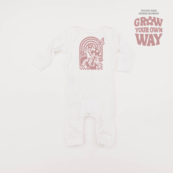 Grow Your Own Way (Pocket Front) w/ Mushrooms on Back - One Piece Baby Sleeper