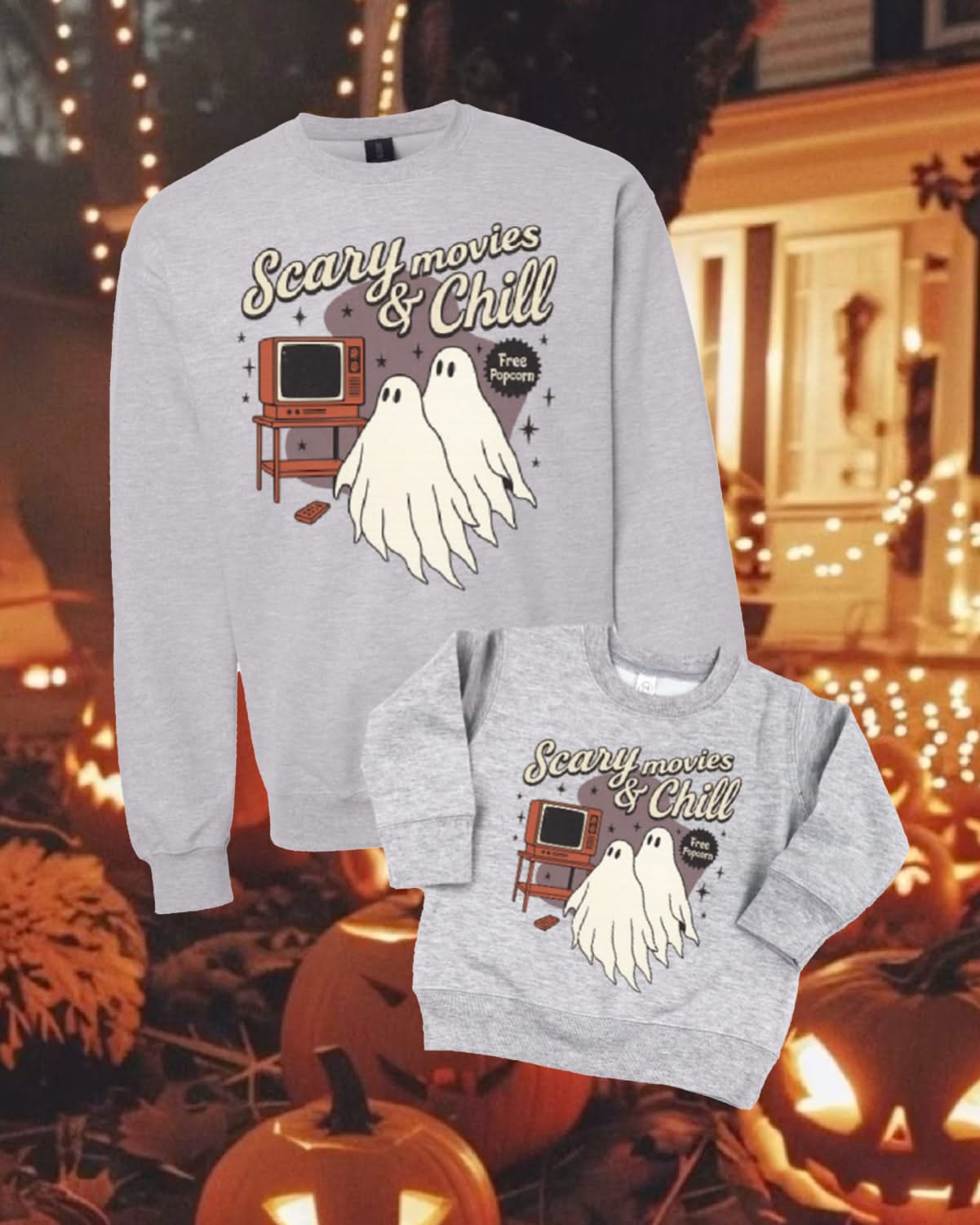 Scary Movies and Chill - Set of 2 Gray Basic Fleece Sweaters Little Mama Shirt Shop