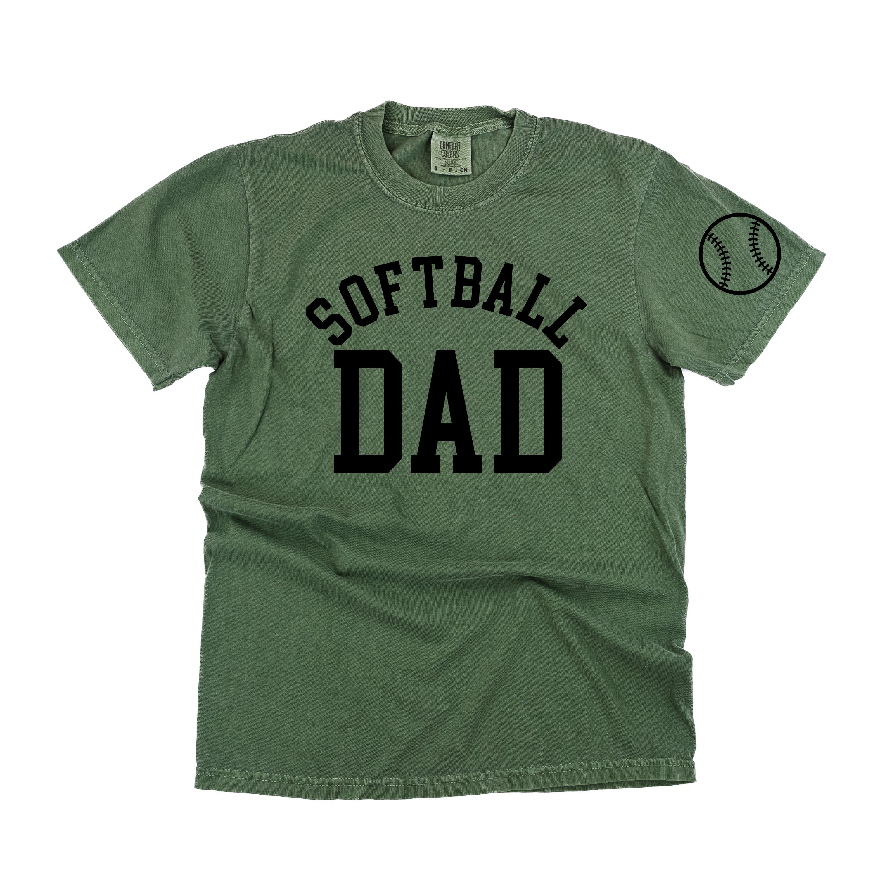 Softball Dad - Baseball Detail on Sleeve - SHORT SLEEVE COMFORT COLORS TEE Little Mama Shirt Shop