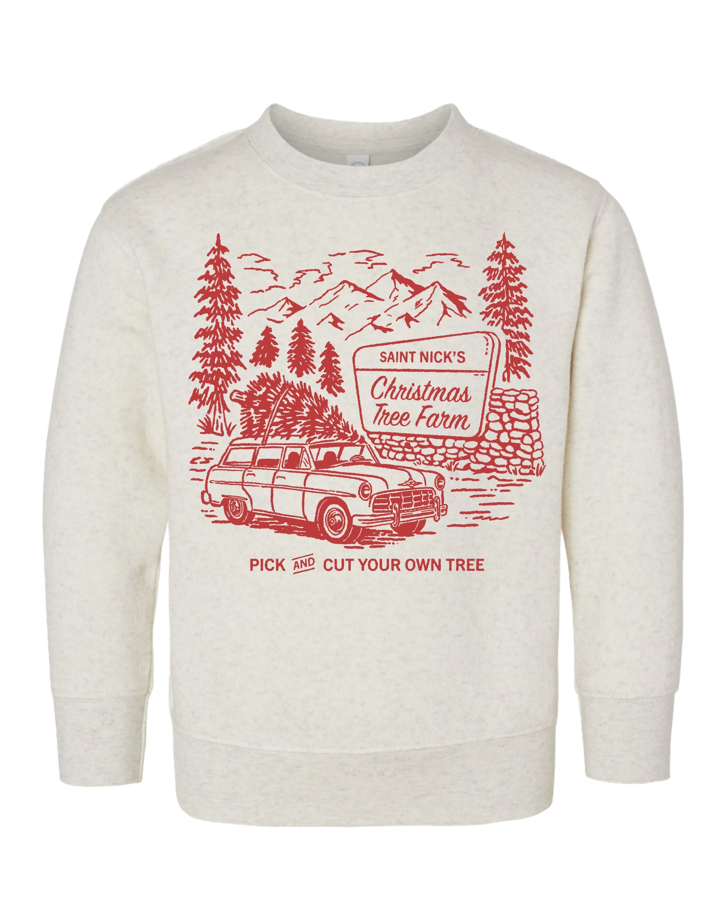 Child sweater in natural with St. Nick's Christmas Tree Farm graphic on the front, shown on model – Little Mama Shirt Shop