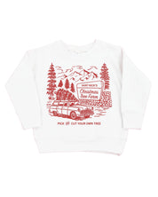 Child sweater in white with St. Nick's Christmas Tree Farm graphic on the front, shown on model – Little Mama Shirt Shop