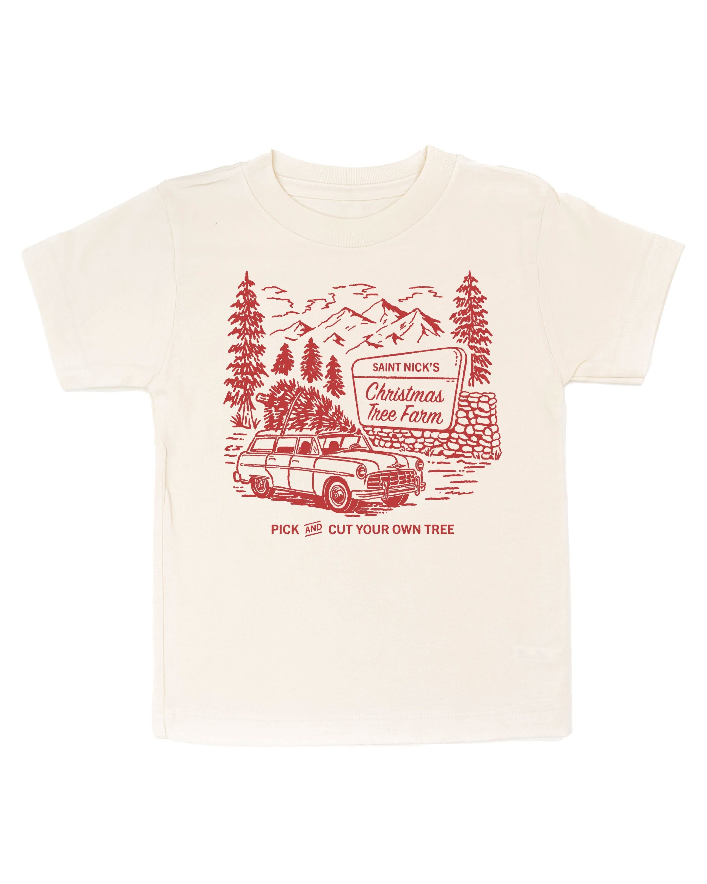 Child the in natural with St. Nick's Christmas Tree Farm graphic on the front, shown on flat lay – Little Mama Shirt Shop