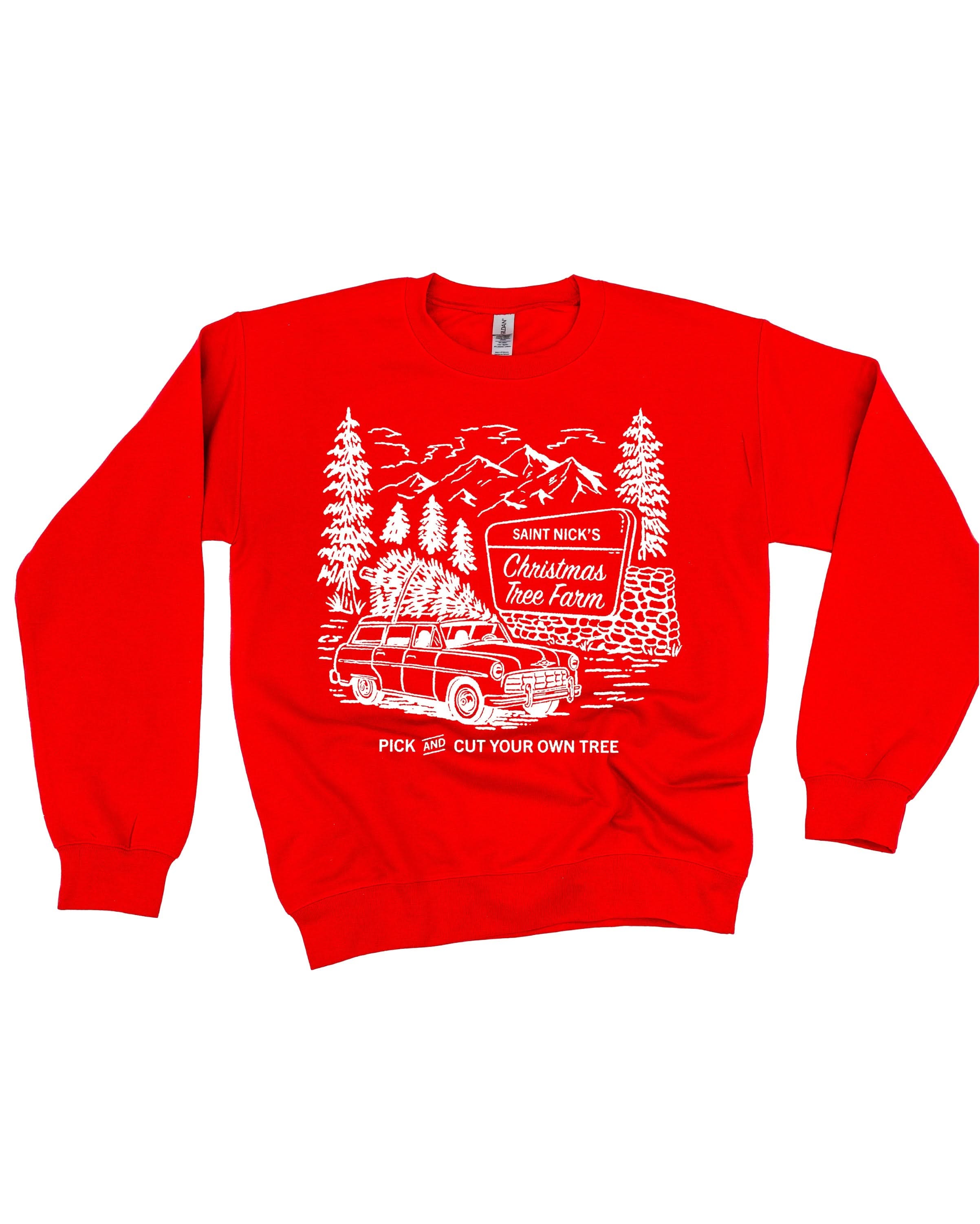 Adult basic fleece in red with St. Nick's Christmas Tree Farm graphic on the front, shown on flat lay – Little Mama Shirt Shop