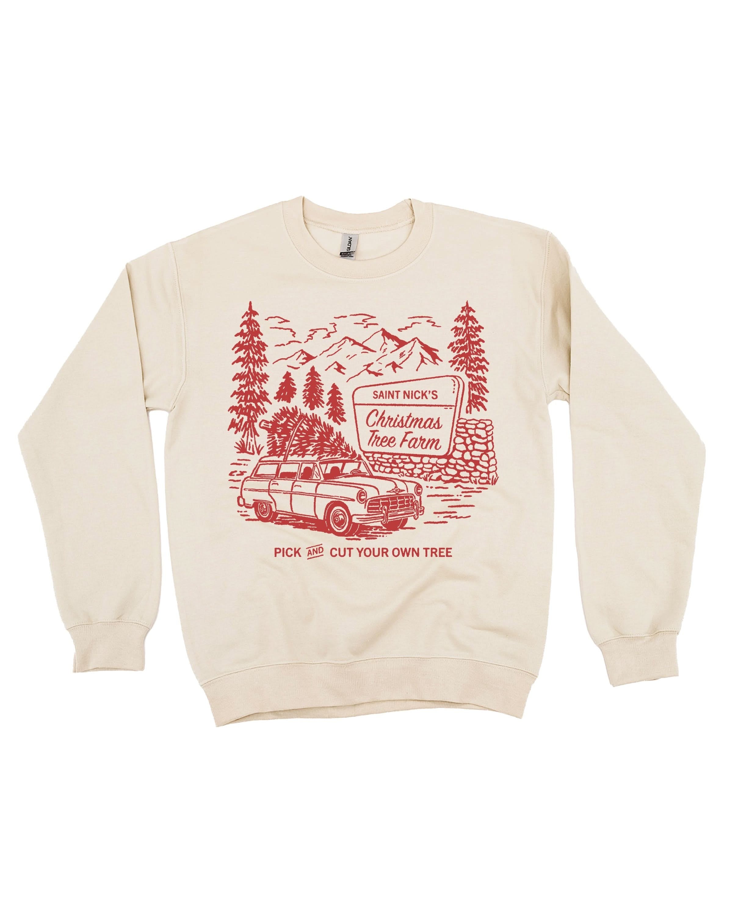 Adult basic fleece in sand with St. Nick's Christmas Tree Farm graphic on the front, shown on flat lay – Little Mama Shirt Shop
