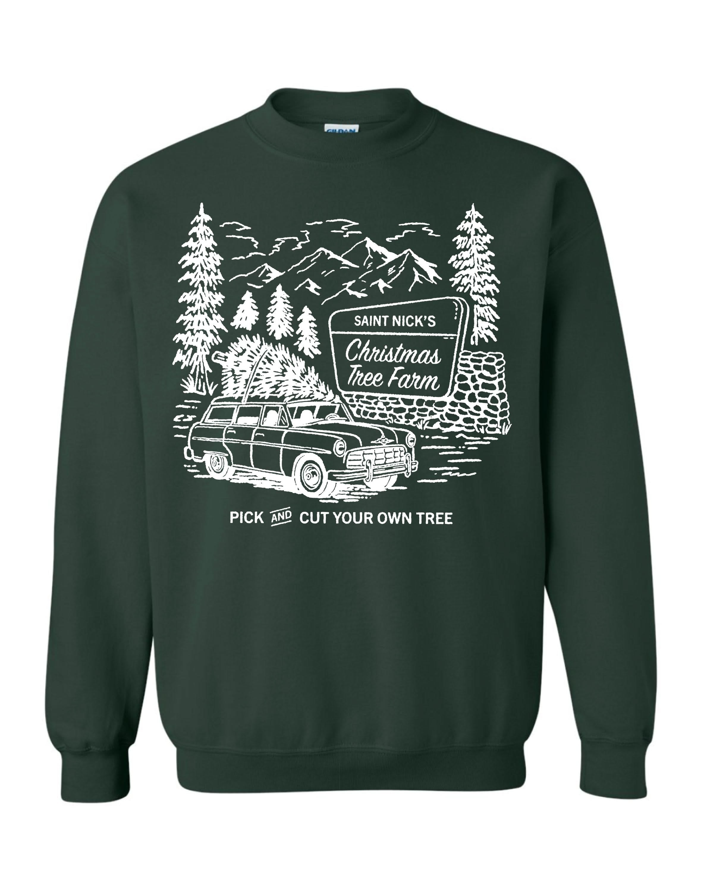 Adult basic fleece in forest with St. Nick's Christmas Tree Farm graphic on the front, shown on flat lay – Little Mama Shirt Shop