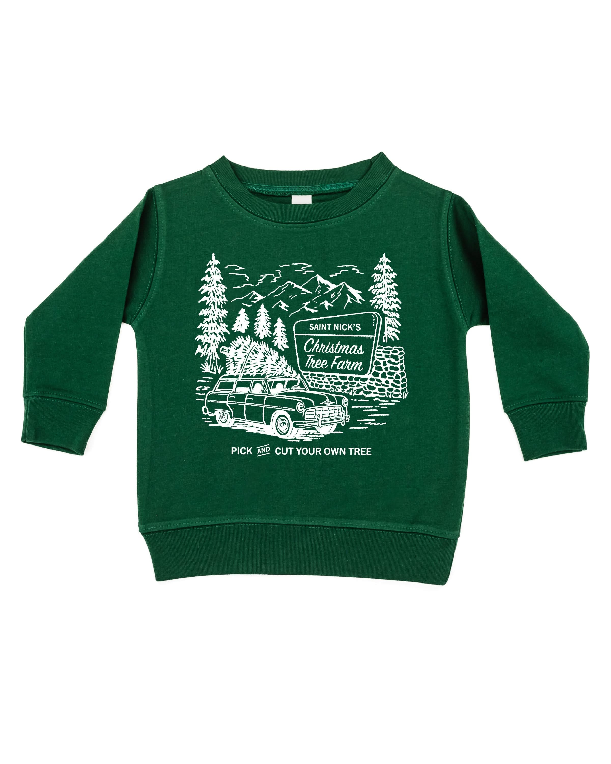 Child sweater in forest with St. Nick's Christmas Tree Farm graphic on the front, shown on flat lay – Little Mama Shirt Shop
