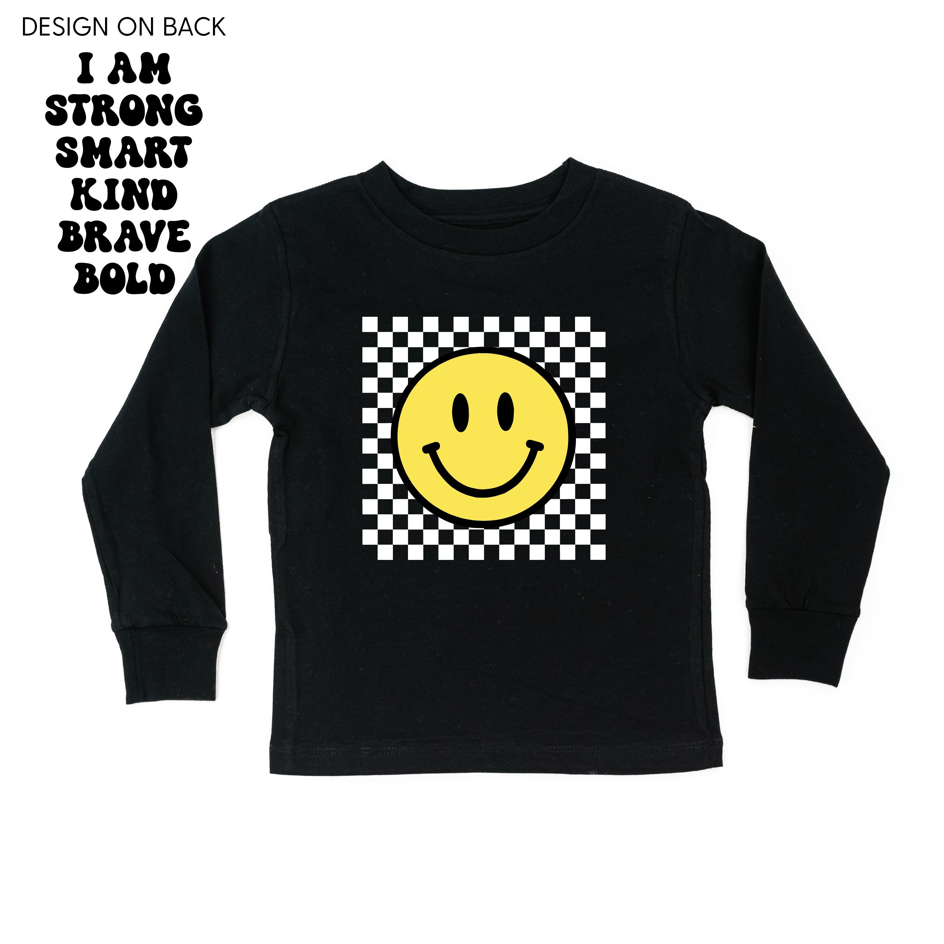 Big Yellow Checker Smiley - I am Strong Smart Kind Brave Bold (f & b) - Child LONG SLEEVE Tee Little Mama Shirt Shop
