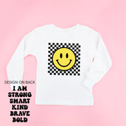 Big Yellow Checker Smiley - I am Strong Smart Kind Brave Bold (f & b) - Child LONG SLEEVE Tee Little Mama Shirt Shop