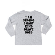 Big Yellow Checker Smiley - I am Strong Smart Kind Brave Bold (f & b) - Child LONG SLEEVE Tee Little Mama Shirt Shop