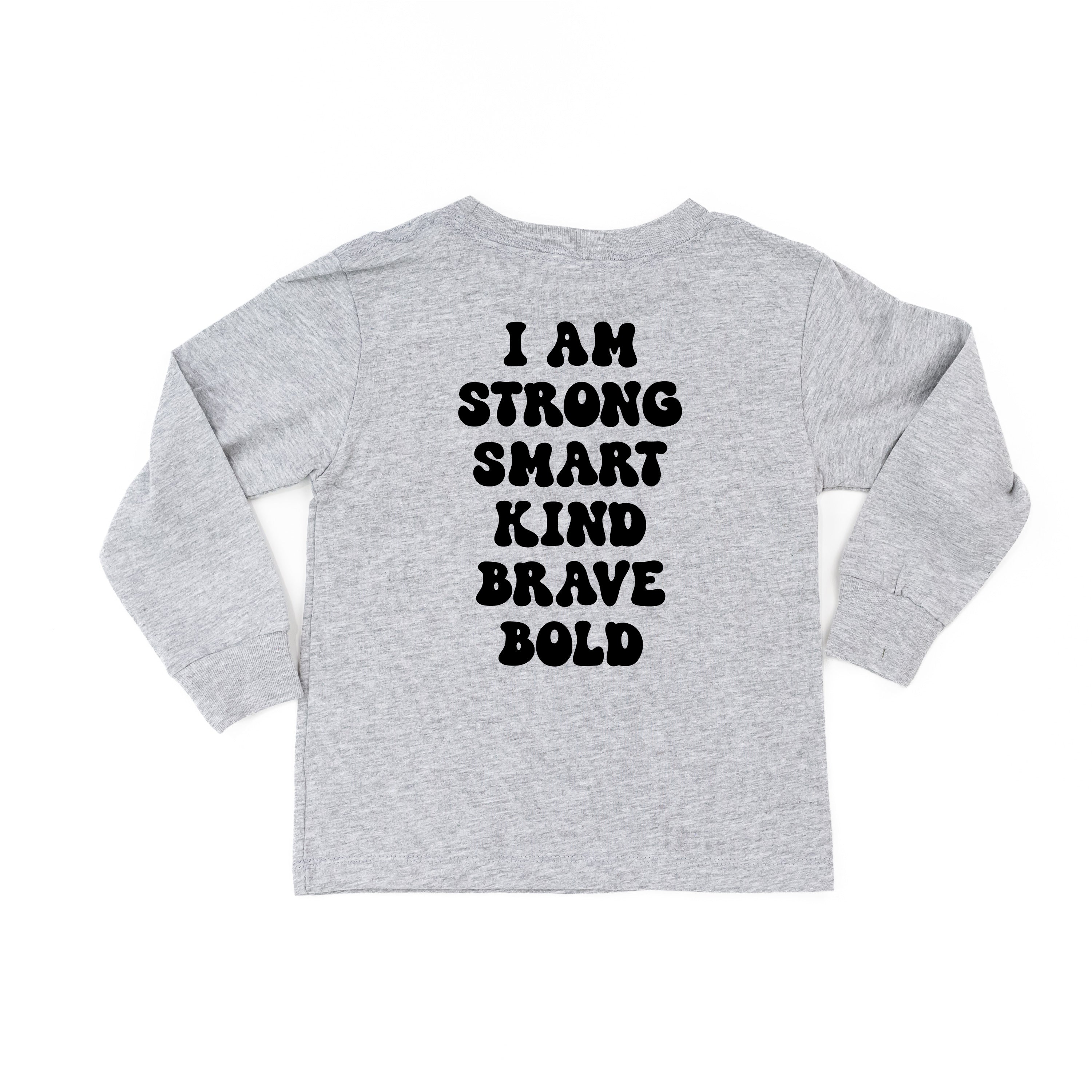 Big Yellow Checker Smiley - I am Strong Smart Kind Brave Bold (f & b) - Child LONG SLEEVE Tee Little Mama Shirt Shop