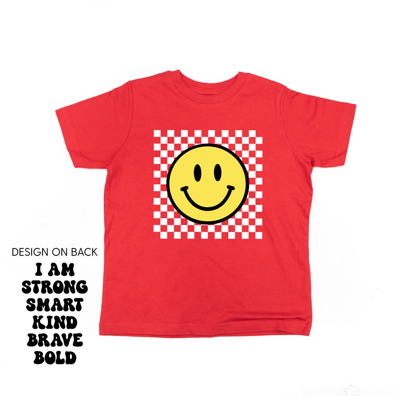 Big Yellow Checker Smiley (Front) w/ I am Strong Smart Kind Brave Bold (Back) - Short Sleeve Child Shirt