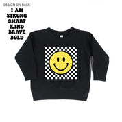 Big Yellow Checker Smiley - I am Strong Smart Kind Brave Bold (f & b) - Child Sweater Little Mama Shirt Shop