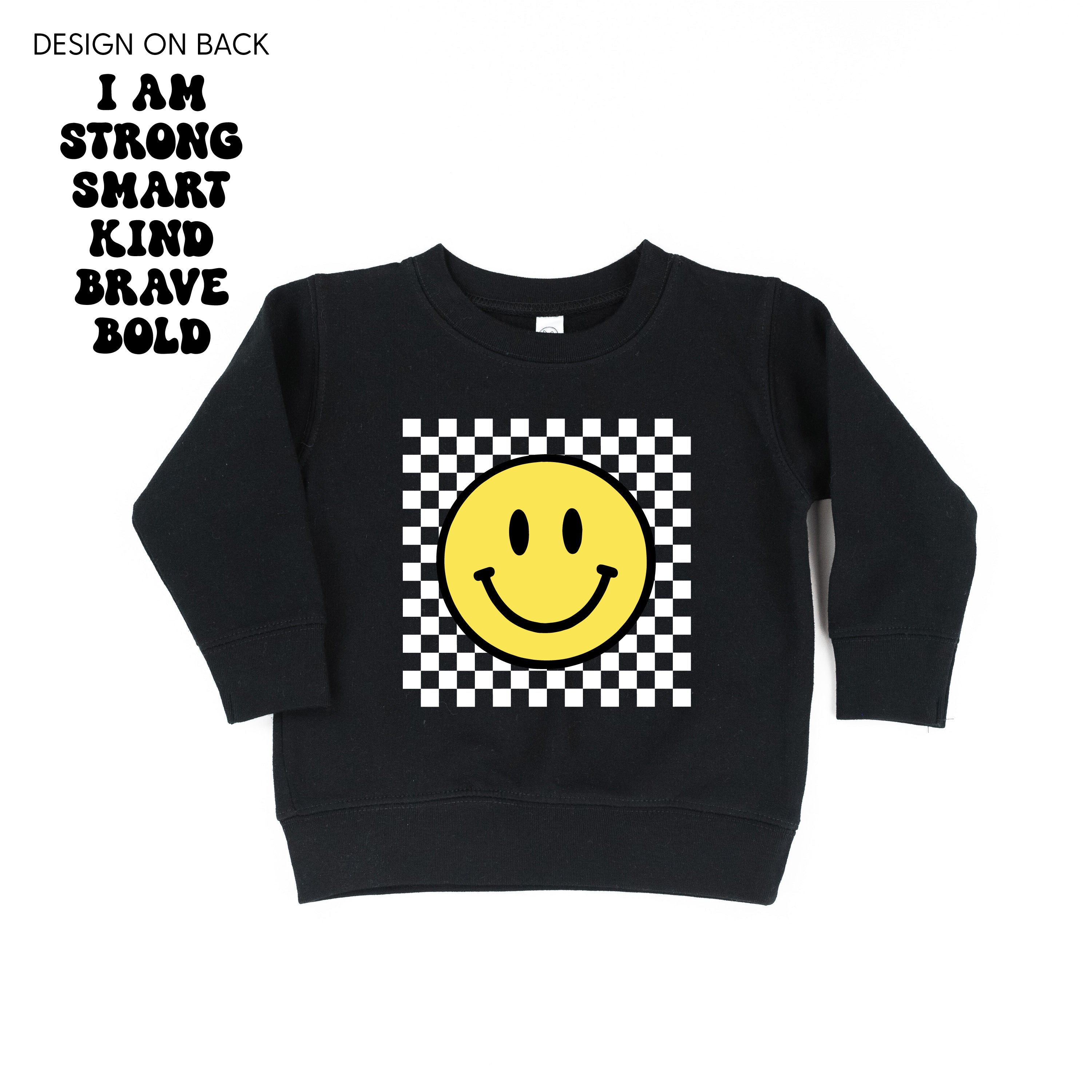 Big Yellow Checker Smiley - I am Strong Smart Kind Brave Bold (f & b) - Child Sweater Little Mama Shirt Shop